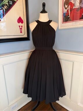 NWOT Maybelle Black Chiffon Gathered Swing Dress in Black Laura Byrnes Sz M